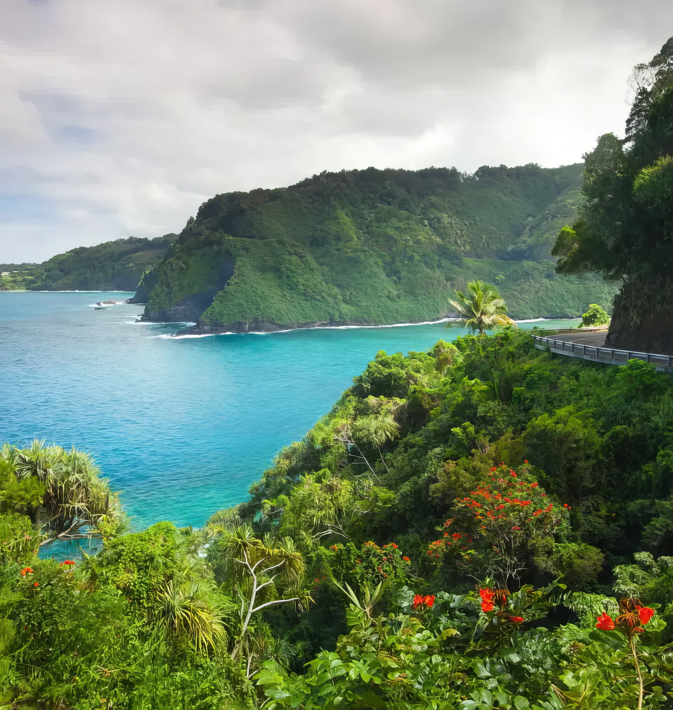 Coastal highway winding along Maui's lush Hāna coastline