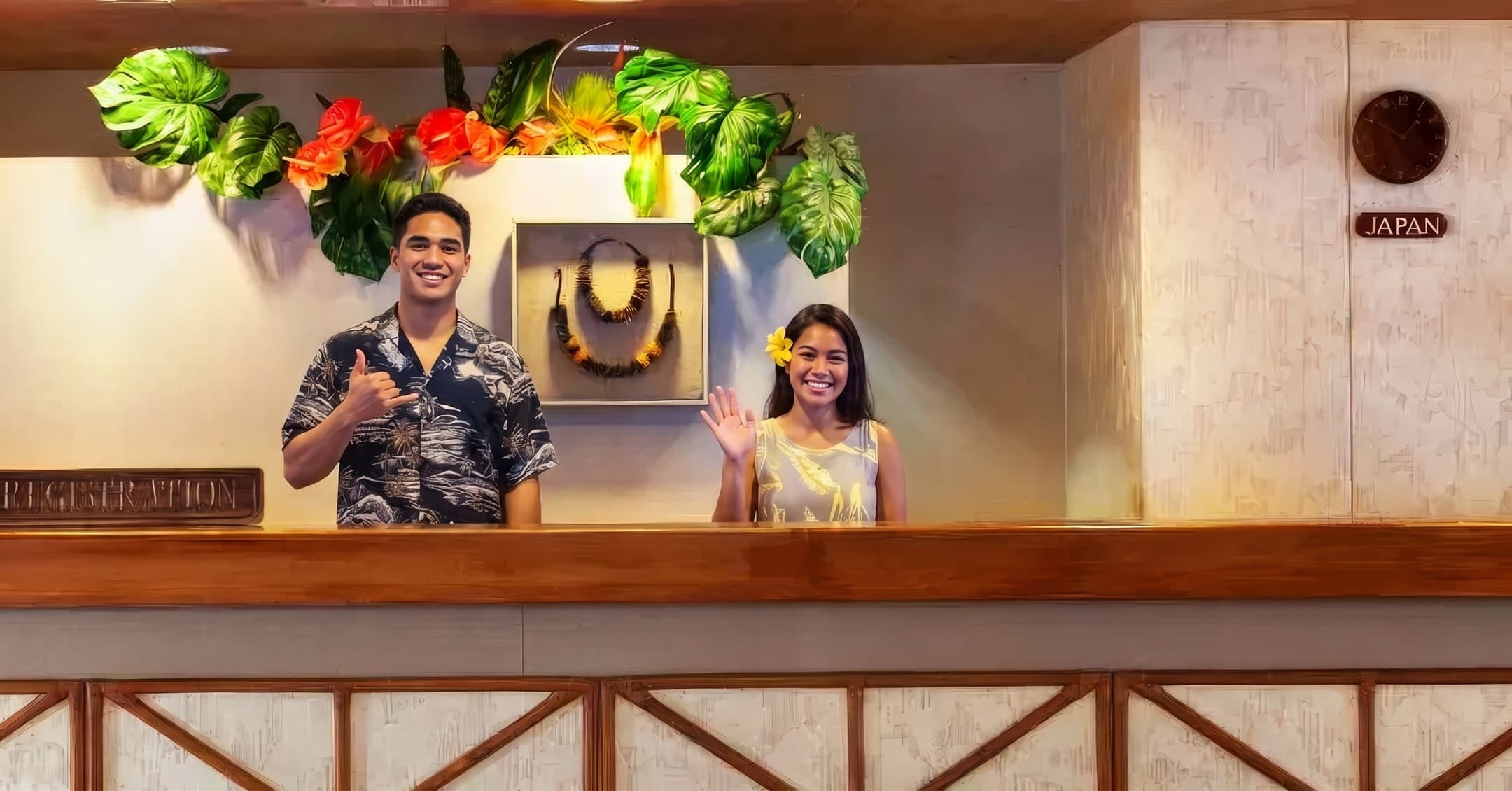 Two Castle front desk associates greeting guests at a hotel registration counter