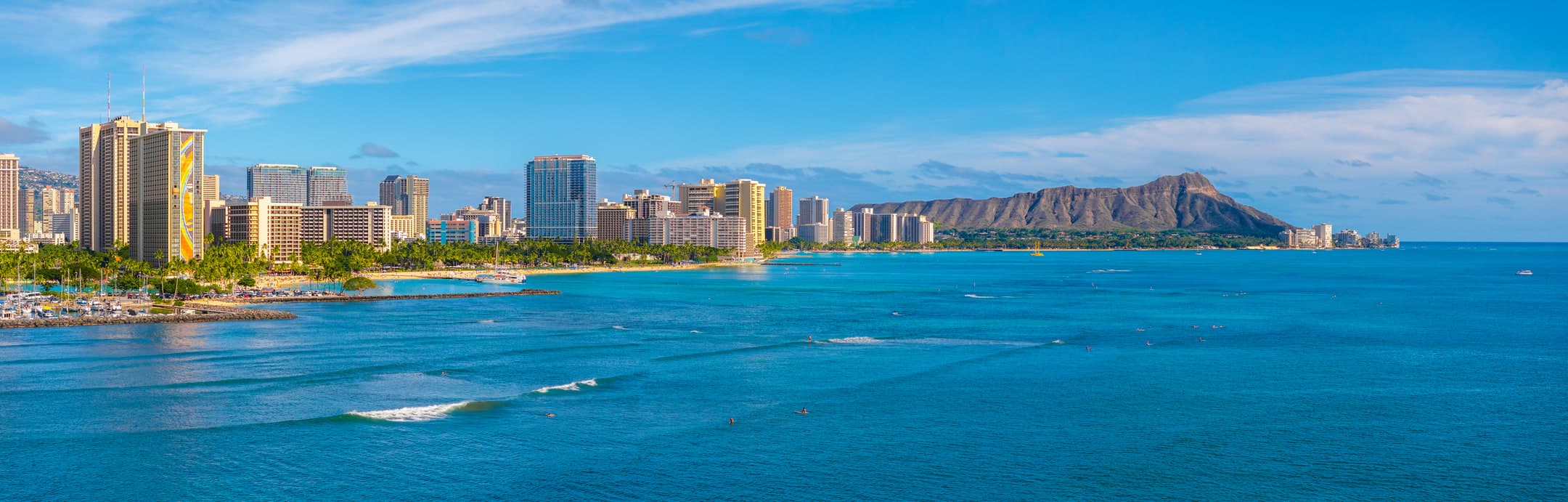 Waikīkī shoreline and Diamond Head seen from the water on Oʻahu