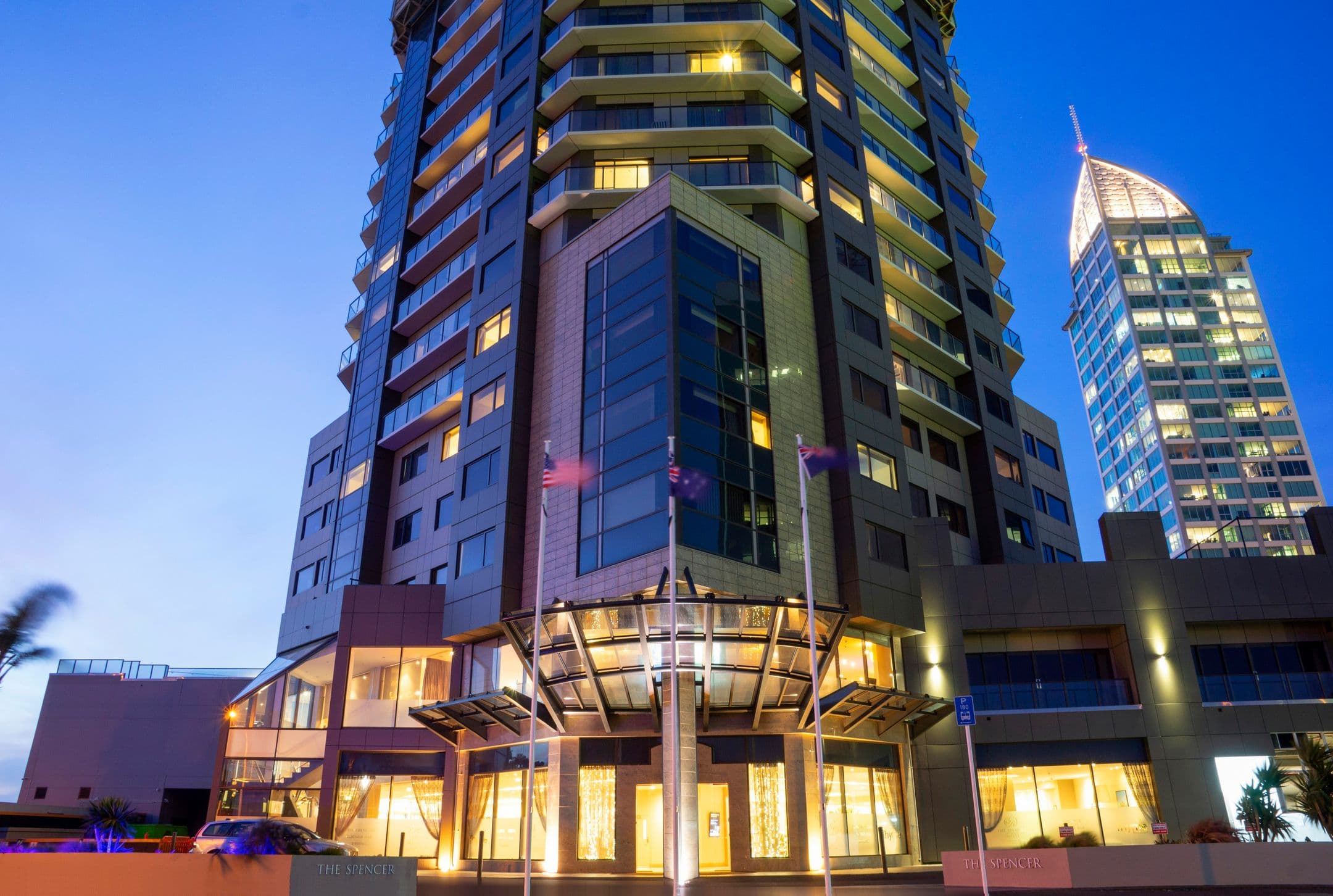 The Spencer Suites Auckland exterior in Takapuna with views toward Rangitoto Island