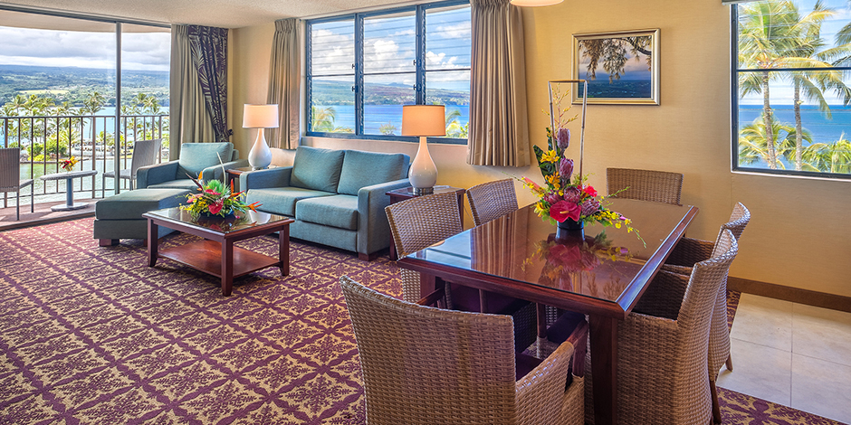 Livingroom view from Ocean View Suite at Hilo Hawaiian Hotel