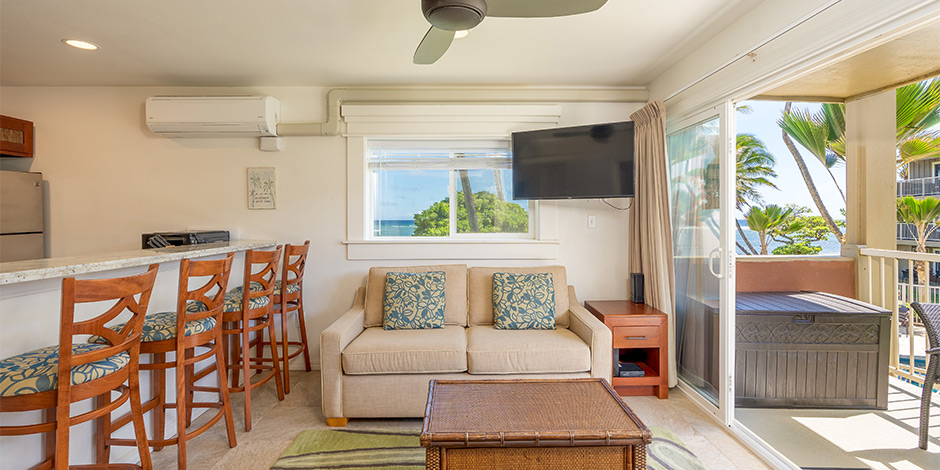 Living room and Lanai at Kauai Kailani
