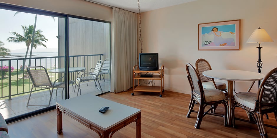 Living room area in a 1-Bedroom Oceanfront at Molokai Shores