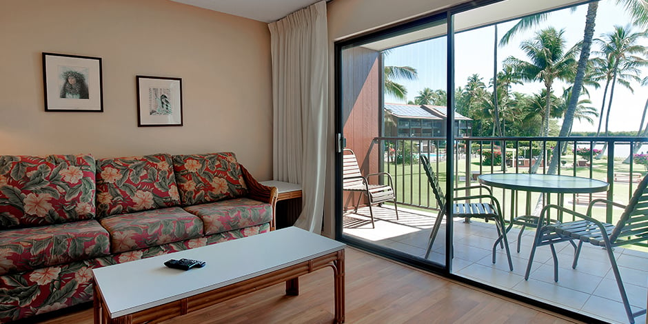 Sofa area in the 1-Bedroom Oceanfront at Molokai Shores