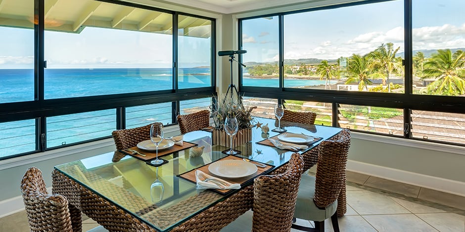 Ocean view from dinner table at Poipu Shores Resort