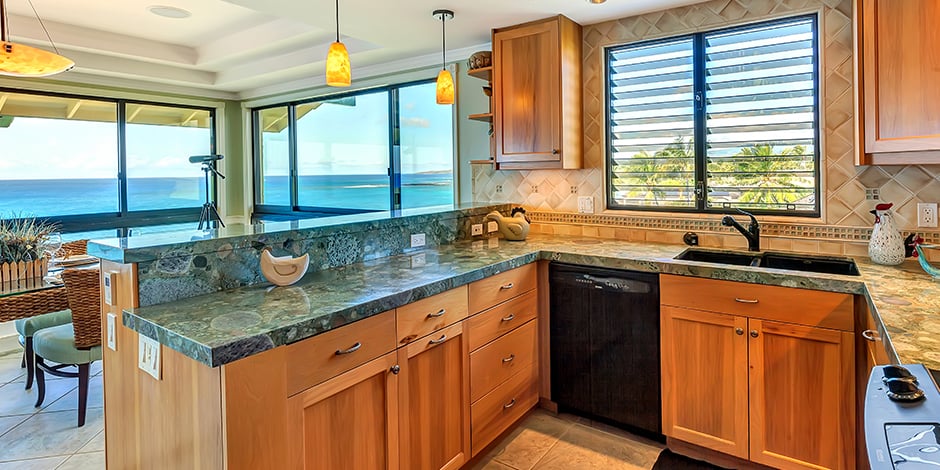 Ocean view from kitchen at Poipu Shores Resort