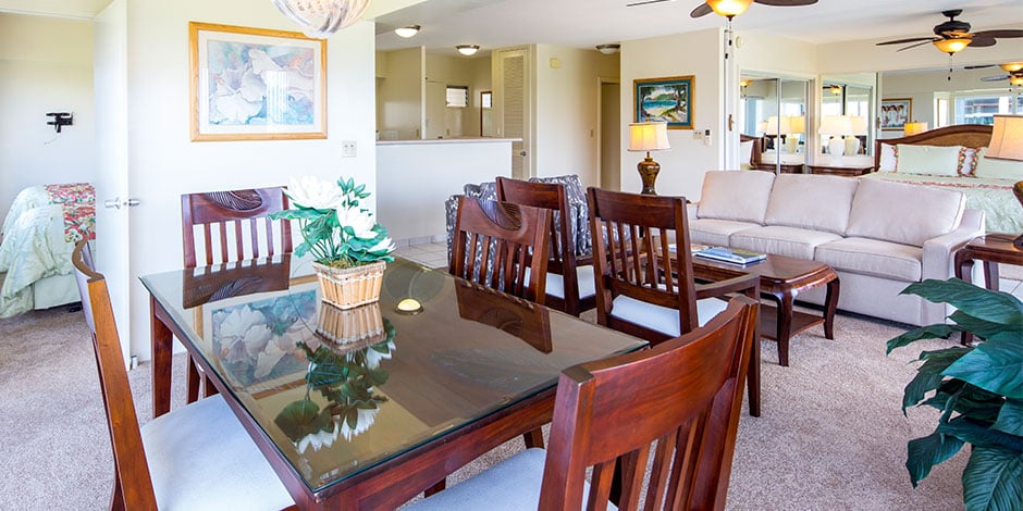 Living room for the 2 bedroom Deluxe Ocean View at Castle Waikiki Shore