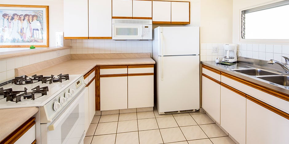 The Kitchen at the 2 bedroom Deluxe Ocean View at Castle Waikiki Shore