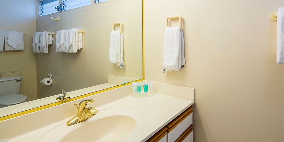 Bathroom at the 2 bedroom Deluxe Park View at Castle Waikiki Shore